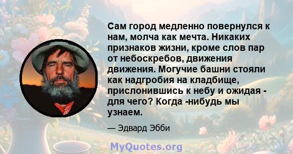 Сам город медленно повернулся к нам, молча как мечта. Никаких признаков жизни, кроме слов пар от небоскребов, движения движения. Могучие башни стояли как надгробия на кладбище, прислонившись к небу и ожидая - для чего?