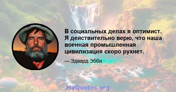 В социальных делах я оптимист. Я действительно верю, что наша военная промышленная цивилизация скоро рухнет.