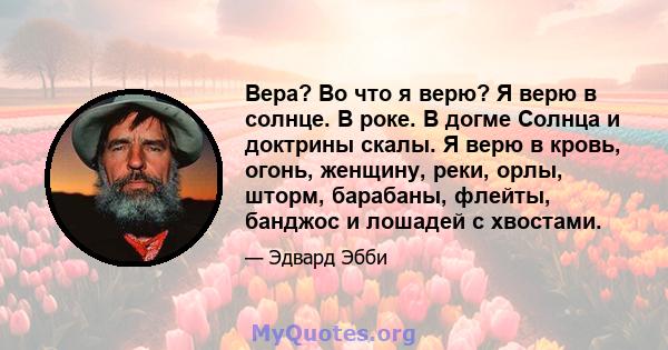 Вера? Во что я верю? Я верю в солнце. В роке. В догме Солнца и доктрины скалы. Я верю в кровь, огонь, женщину, реки, орлы, шторм, барабаны, флейты, банджос и лошадей с хвостами.