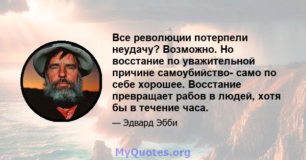 Все революции потерпели неудачу? Возможно. Но восстание по уважительной причине самоубийство- само по себе хорошее. Восстание превращает рабов в людей, хотя бы в течение часа.