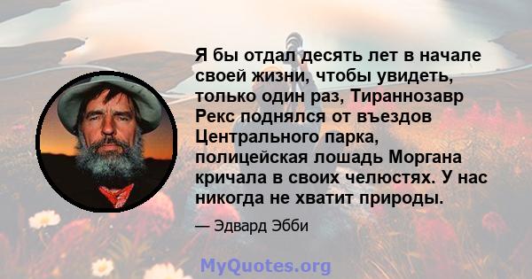 Я бы отдал десять лет в начале своей жизни, чтобы увидеть, только один раз, Тираннозавр Рекс поднялся от въездов Центрального парка, полицейская лошадь Моргана кричала в своих челюстях. У нас никогда не хватит природы.