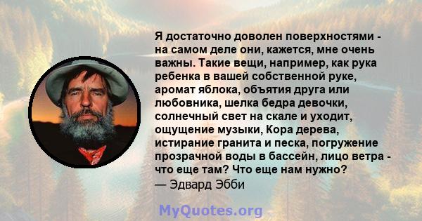 Я достаточно доволен поверхностями - на самом деле они, кажется, мне очень важны. Такие вещи, например, как рука ребенка в вашей собственной руке, аромат яблока, объятия друга или любовника, шелка бедра девочки,