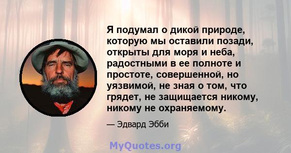 Я подумал о дикой природе, которую мы оставили позади, открыты для моря и неба, радостными в ее полноте и простоте, совершенной, но уязвимой, не зная о том, что грядет, не защищается никому, никому не охраняемому.