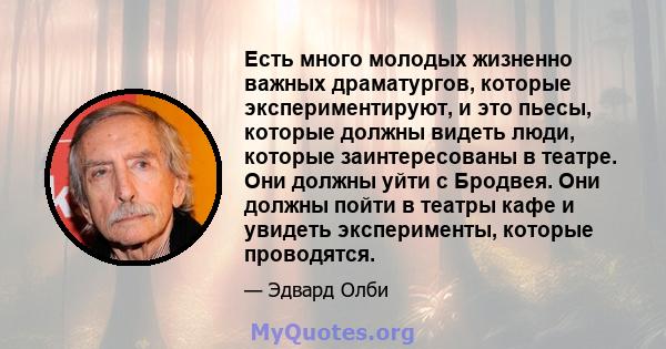 Есть много молодых жизненно важных драматургов, которые экспериментируют, и это пьесы, которые должны видеть люди, которые заинтересованы в театре. Они должны уйти с Бродвея. Они должны пойти в театры кафе и увидеть