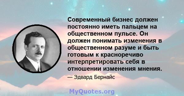 Современный бизнес должен постоянно иметь пальцем на общественном пульсе. Он должен понимать изменения в общественном разуме и быть готовым к красноречиво интерпретировать себя в отношении изменения мнения.