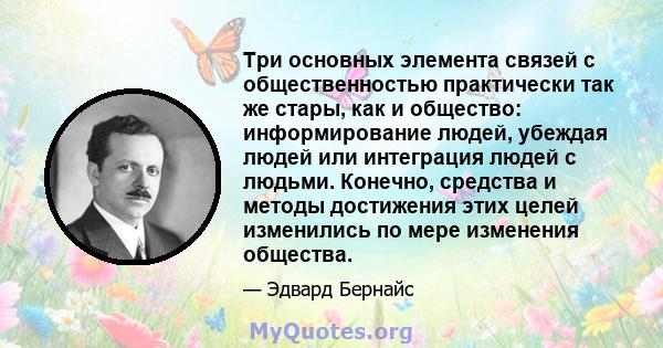 Три основных элемента связей с общественностью практически так же стары, как и общество: информирование людей, убеждая людей или интеграция людей с людьми. Конечно, средства и методы достижения этих целей изменились по