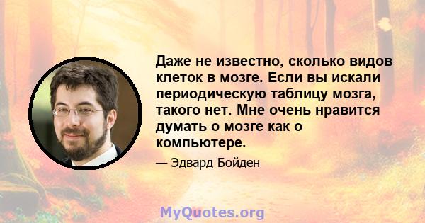 Даже не известно, сколько видов клеток в мозге. Если вы искали периодическую таблицу мозга, такого нет. Мне очень нравится думать о мозге как о компьютере.