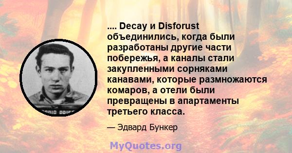 .... Decay и Disforust объединились, когда были разработаны другие части побережья, а каналы стали закупленными сорняками канавами, которые размножаются комаров, а отели были превращены в апартаменты третьего класса.