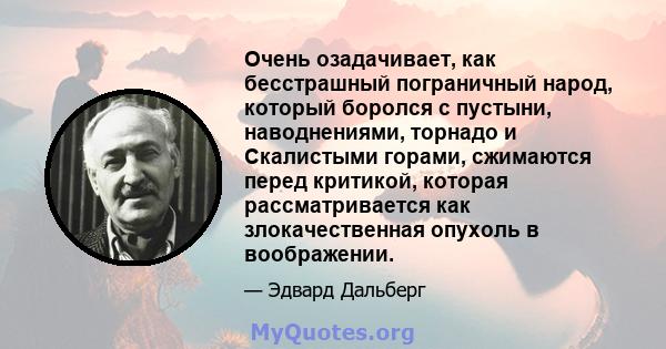 Очень озадачивает, как бесстрашный пограничный народ, который боролся с пустыни, наводнениями, торнадо и Скалистыми горами, сжимаются перед критикой, которая рассматривается как злокачественная опухоль в воображении.