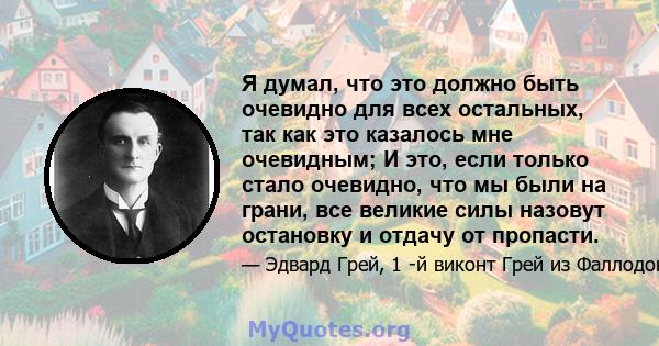 Я думал, что это должно быть очевидно для всех остальных, так как это казалось мне очевидным; И это, если только стало очевидно, что мы были на грани, все великие силы назовут остановку и отдачу от пропасти.