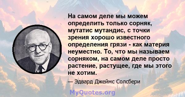 На самом деле мы можем определить только сорняк, мутатис мутандис, с точки зрения хорошо известного определения грязи - как материя неуместно. То, что мы называем сорняком, на самом деле просто растение, растущее, где