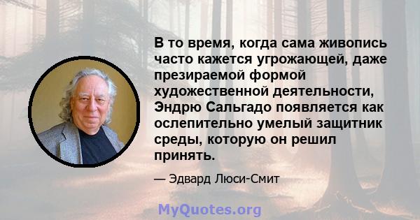 В то время, когда сама живопись часто кажется угрожающей, даже презираемой формой художественной деятельности, Эндрю Сальгадо появляется как ослепительно умелый защитник среды, которую он решил принять.