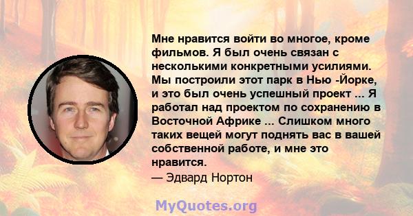 Мне нравится войти во многое, кроме фильмов. Я был очень связан с несколькими конкретными усилиями. Мы построили этот парк в Нью -Йорке, и это был очень успешный проект ... Я работал над проектом по сохранению в