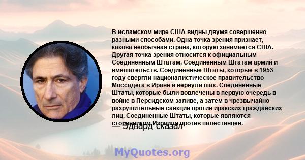 В исламском мире США видны двумя совершенно разными способами. Одна точка зрения признает, какова необычная страна, которую занимается США. Другая точка зрения относится к официальным Соединенным Штатам, Соединенным