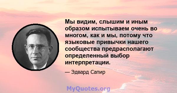 Мы видим, слышим и иным образом испытываем очень во многом, как и мы, потому что языковые привычки нашего сообщества предрасполагают определенный выбор интерпретации.