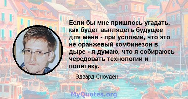 Если бы мне пришлось угадать, как будет выглядеть будущее для меня - при условии, что это не оранжевый комбинезон в дыре - я думаю, что я собираюсь чередовать технологии и политику.