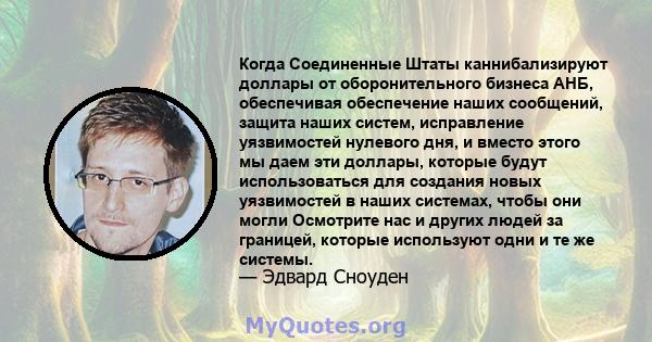 Когда Соединенные Штаты каннибализируют доллары от оборонительного бизнеса АНБ, обеспечивая обеспечение наших сообщений, защита наших систем, исправление уязвимостей нулевого дня, и вместо этого мы даем эти доллары,