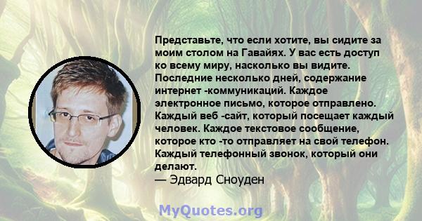 Представьте, что если хотите, вы сидите за моим столом на Гавайях. У вас есть доступ ко всему миру, насколько вы видите. Последние несколько дней, содержание интернет -коммуникаций. Каждое электронное письмо, которое