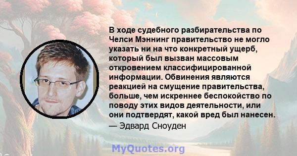 В ходе судебного разбирательства по Челси Мэннинг правительство не могло указать ни на что конкретный ущерб, который был вызван массовым откровением классифицированной информации. Обвинения являются реакцией на смущение 