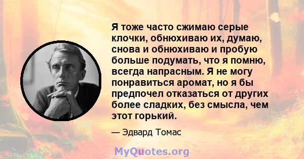 Я тоже часто сжимаю серые клочки, обнюхиваю их, думаю, снова и обнюхиваю и пробую больше подумать, что я помню, всегда напрасным. Я не могу понравиться аромат, но я бы предпочел отказаться от других более сладких, без