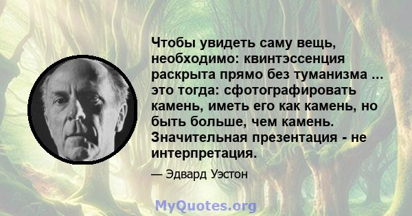 Чтобы увидеть саму вещь, необходимо: квинтэссенция раскрыта прямо без туманизма ... это тогда: сфотографировать камень, иметь его как камень, но быть больше, чем камень. Значительная презентация - не интерпретация.