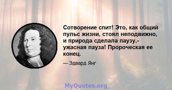 Сотворение спит! Это, как общий пульс жизни, стоял неподвижно, и природа сделала паузу,- ужасная пауза! Пророческая ее конец.