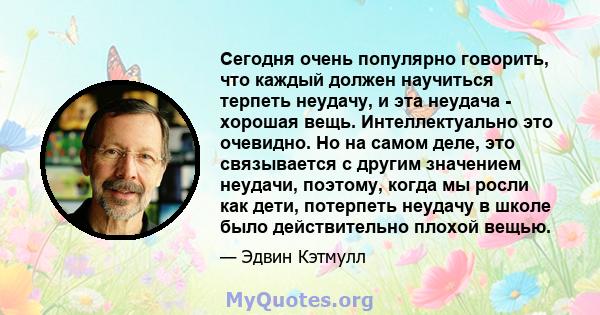 Сегодня очень популярно говорить, что каждый должен научиться терпеть неудачу, и эта неудача - хорошая вещь. Интеллектуально это очевидно. Но на самом деле, это связывается с другим значением неудачи, поэтому, когда мы