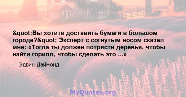 "Вы хотите доставить бумаги в большом городе?" Эксперт с согнутым носом сказал мне: «Тогда ты должен потрясти деревья, чтобы найти горилл, чтобы сделать это ...»