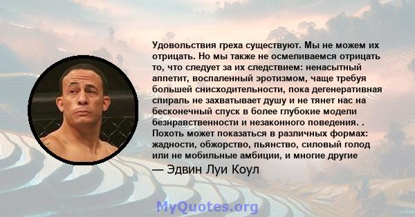 Удовольствия греха существуют. Мы не можем их отрицать. Но мы также не осмеливаемся отрицать то, что следует за их следствием: ненасытный аппетит, воспаленный эротизмом, чаще требуя большей снисходительности, пока