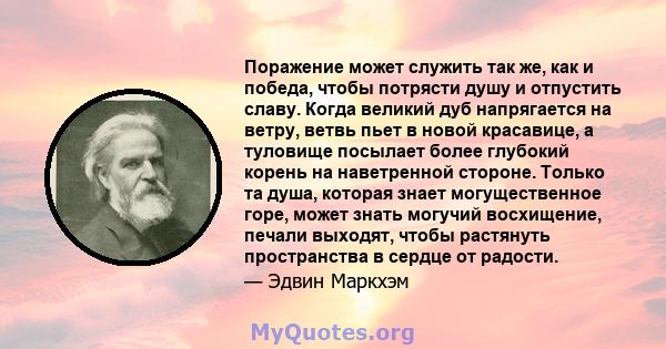 Поражение может служить так же, как и победа, чтобы потрясти душу и отпустить славу. Когда великий дуб напрягается на ветру, ветвь пьет в новой красавице, а туловище посылает более глубокий корень на наветренной