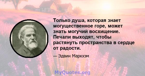 Только душа, которая знает могущественное горе, может знать могучий восхищение. Печали выходят, чтобы растянуть пространства в сердце от радости.