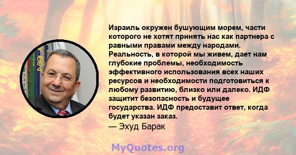 Израиль окружен бушующим морем, части которого не хотят принять нас как партнера с равными правами между народами. Реальность, в которой мы живем, дает нам глубокие проблемы, необходимость эффективного использования