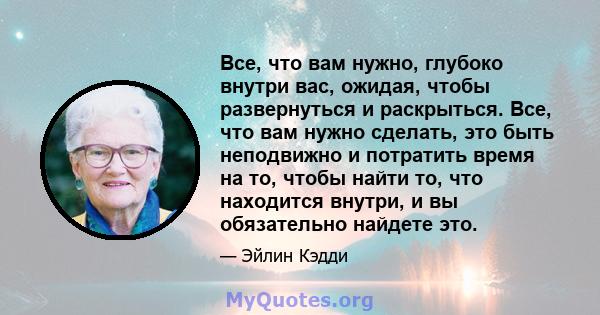 Все, что вам нужно, глубоко внутри вас, ожидая, чтобы развернуться и раскрыться. Все, что вам нужно сделать, это быть неподвижно и потратить время на то, чтобы найти то, что находится внутри, и вы обязательно найдете