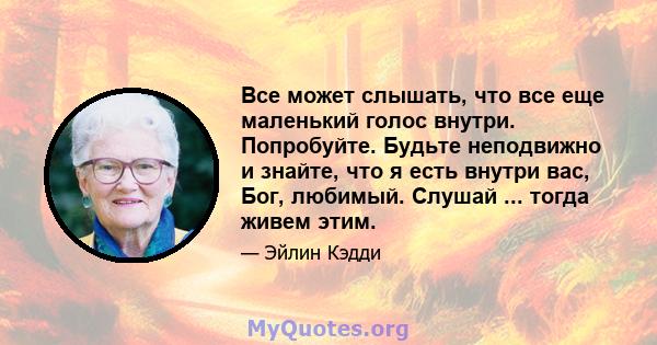 Все может слышать, что все еще маленький голос внутри. Попробуйте. Будьте неподвижно и знайте, что я есть внутри вас, Бог, любимый. Слушай ... тогда живем этим.