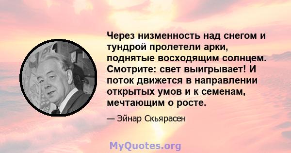 Через низменность над снегом и тундрой пролетели арки, поднятые восходящим солнцем. Смотрите: свет выигрывает! И поток движется в направлении открытых умов и к семенам, мечтающим о росте.