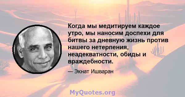 Когда мы медитируем каждое утро, мы наносим доспехи для битвы за дневную жизнь против нашего нетерпения, неадекватности, обиды и враждебности.