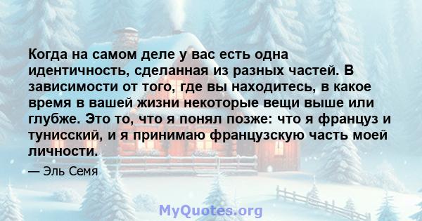 Когда на самом деле у вас есть одна идентичность, сделанная из разных частей. В зависимости от того, где вы находитесь, в какое время в вашей жизни некоторые вещи выше или глубже. Это то, что я понял позже: что я