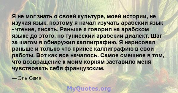 Я не мог знать о своей культуре, моей истории, не изучая язык, поэтому я начал изучать арабский язык - чтение, писать. Раньше я говорил на арабском языке до этого, но тунисский арабский диалект. Шаг за шагом я обнаружил 