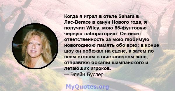 Когда я играл в отеле Sahara в Лас-Вегасе в канун Нового года, я получил Wiley, мою 85-фунтовую черную лабораторию. Он несет ответственность за мою любимую новогоднюю память обо всех: в конце шоу он побежал на сцене, а