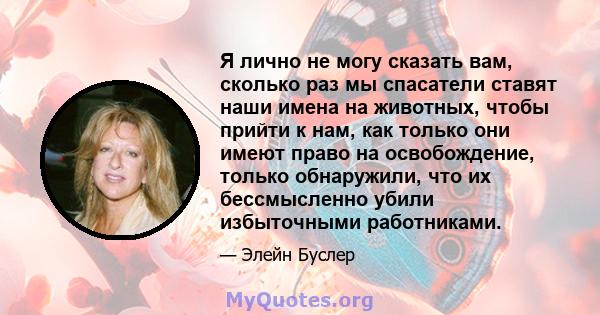 Я лично не могу сказать вам, сколько раз мы спасатели ставят наши имена на животных, чтобы прийти к нам, как только они имеют право на освобождение, только обнаружили, что их бессмысленно убили избыточными работниками.