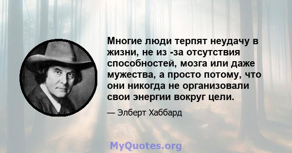 Многие люди терпят неудачу в жизни, не из -за отсутствия способностей, мозга или даже мужества, а просто потому, что они никогда не организовали свои энергии вокруг цели.