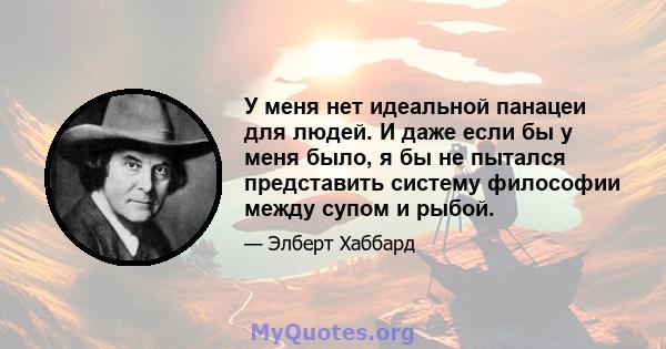 У меня нет идеальной панацеи для людей. И даже если бы у меня было, я бы не пытался представить систему философии между супом и рыбой.