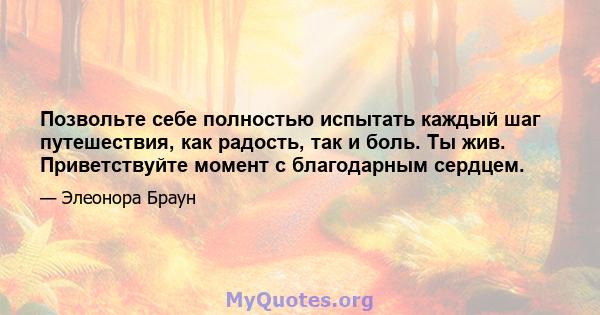 Позвольте себе полностью испытать каждый шаг путешествия, как радость, так и боль. Ты жив. Приветствуйте момент с благодарным сердцем.