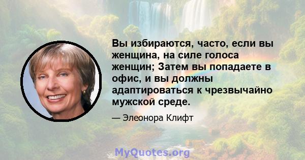 Вы избираются, часто, если вы женщина, на силе голоса женщин; Затем вы попадаете в офис, и вы должны адаптироваться к чрезвычайно мужской среде.