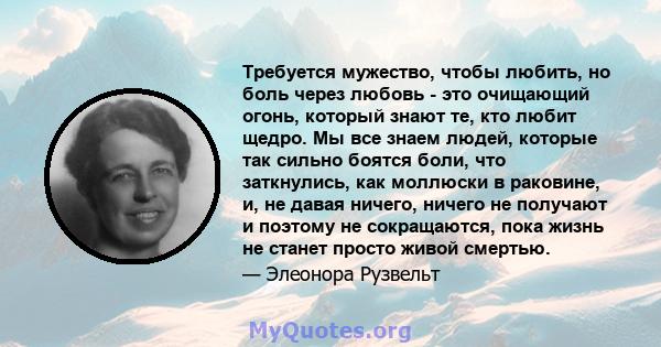 Требуется мужество, чтобы любить, но боль через любовь - это очищающий огонь, который знают те, кто любит щедро. Мы все знаем людей, которые так сильно боятся боли, что заткнулись, как моллюски в раковине, и, не давая