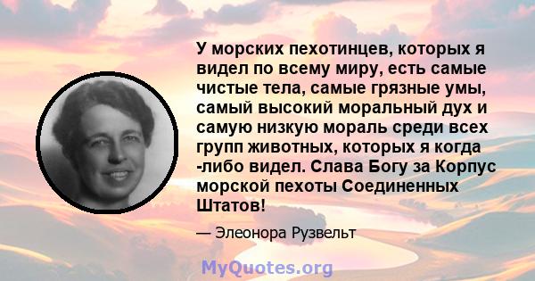 У морских пехотинцев, которых я видел по всему миру, есть самые чистые тела, самые грязные умы, самый высокий моральный дух и самую низкую мораль среди всех групп животных, которых я когда -либо видел. Слава Богу за