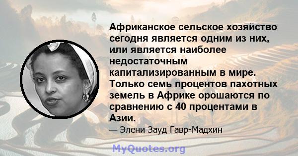 Африканское сельское хозяйство сегодня является одним из них, или является наиболее недостаточным капитализированным в мире. Только семь процентов пахотных земель в Африке орошаются по сравнению с 40 процентами в Азии.