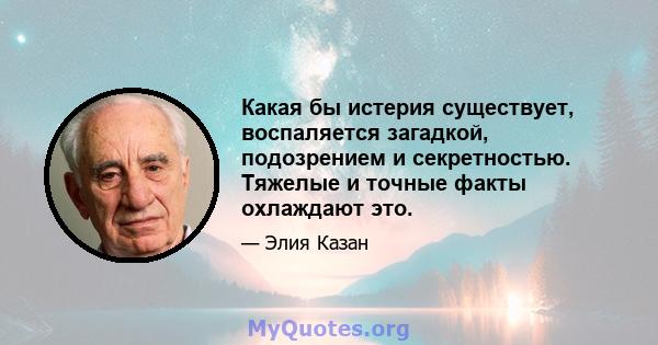 Какая бы истерия существует, воспаляется загадкой, подозрением и секретностью. Тяжелые и точные факты охлаждают это.