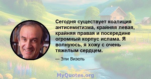 Сегодня существует коалиция антисемитизма, крайняя левая, крайняя правая и посередине огромный корпус ислама. Я волнуюсь, я хожу с очень тяжелым сердцем.