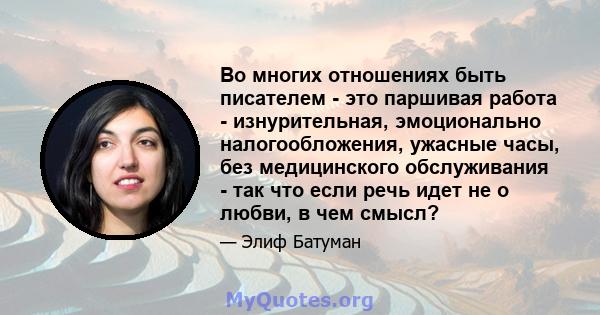 Во многих отношениях быть писателем - это паршивая работа - изнурительная, эмоционально налогообложения, ужасные часы, без медицинского обслуживания - так что если речь идет не о любви, в чем смысл?